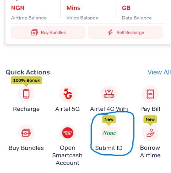 screenshot of MyAirtel app showing the process of linking Airtel to NIN