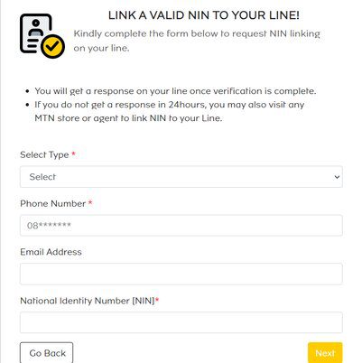 A screenshot from MTN website on how to link your MTN line to your NIN