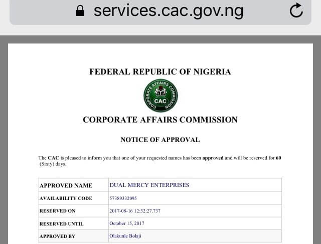 CAC Verification Code to complete business registration