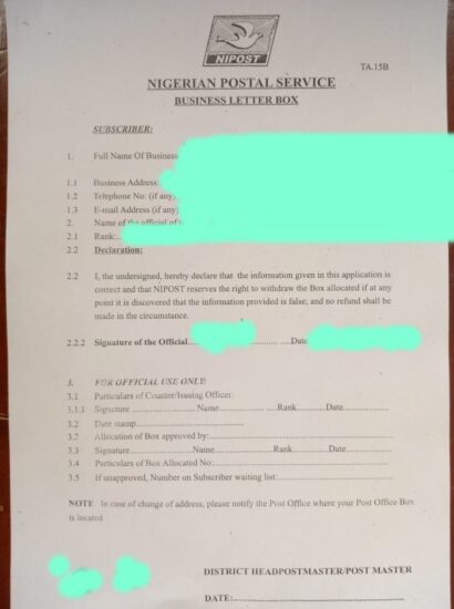 P.O.Box application form