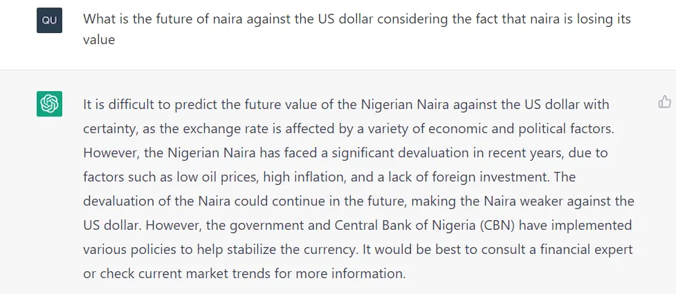 ChatGPT predicts the future of naira against US Dollar 