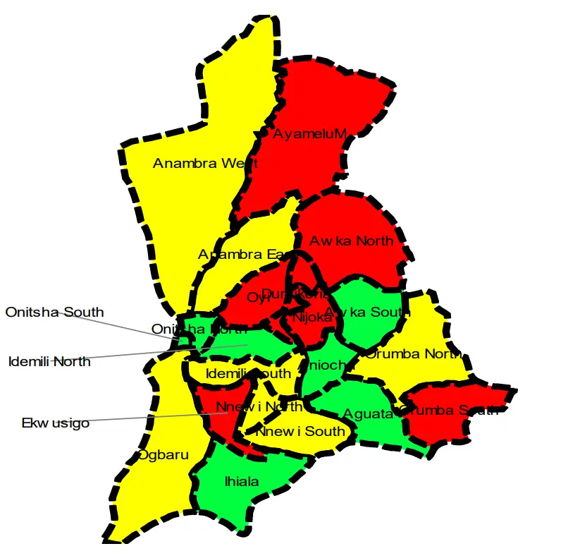 Map of Anambra State showing 21 local government areas