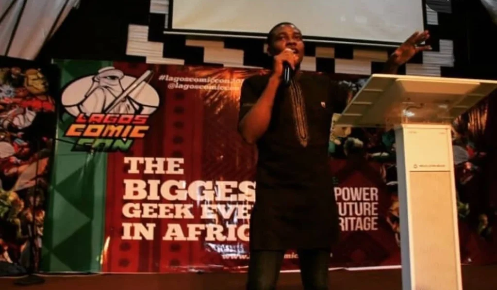 Wale Ameen speaking at the 2016 Lagos Comic Convention, Africa's largest gathering of comic creators and enthusiasts