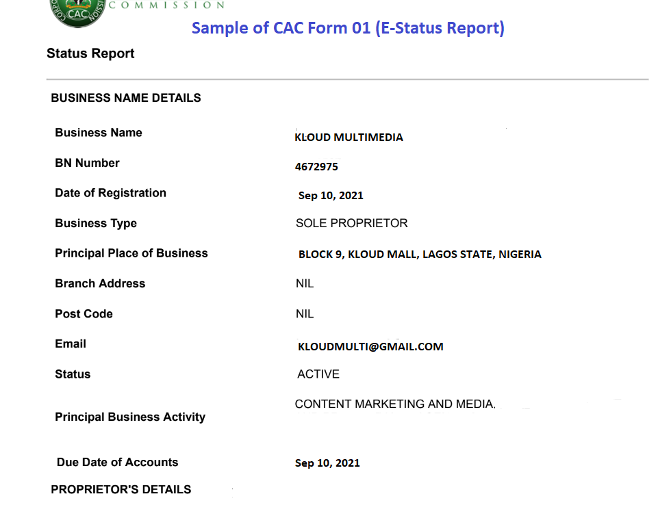 sample of CAC Form 01 E-Status Report