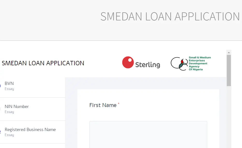 This photo shows the application form for the N5 billion SMEDAN-Sterling business loan application