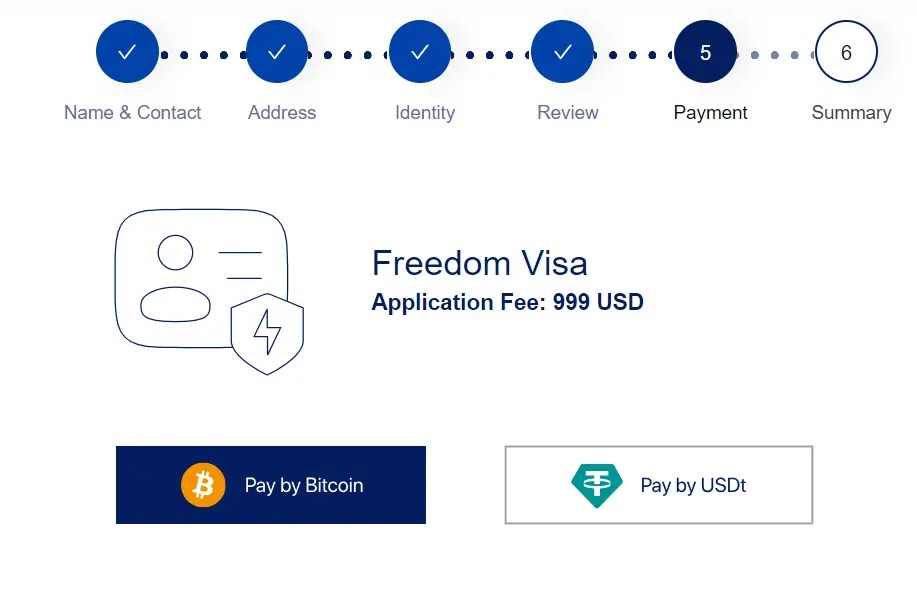 This screenshot shows the application fee for El Salvador's visionary freedom programme. Investors must invest $1 million in USDT or Bitcoin to become El Salvador's citizen