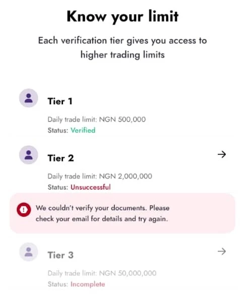 This photo shows the three types of tier Yellow Card user can choose for higher trading limits