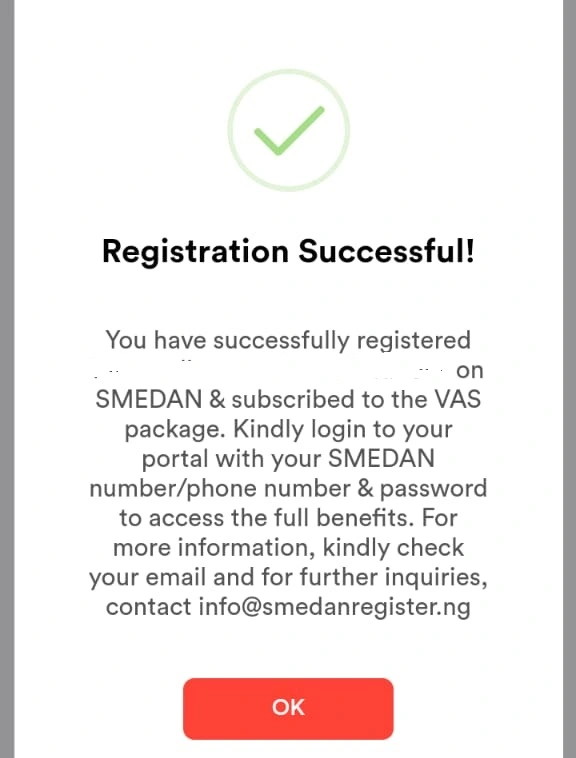 This is the message you will receive after SMEDAN subscription packages for MSMEs