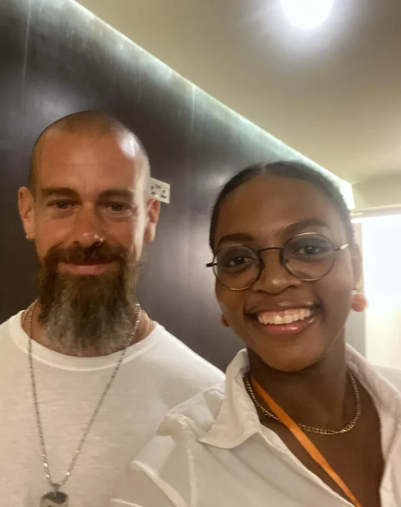 Here is the photo of Blessing Emah with the Ex-CEO of Twitter (now X) Jack Dorsey at the Afro Bitcoin Conference, Accra, Ghana. Credit: LinkedIn