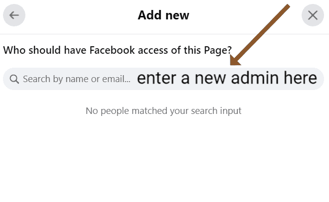 photo showing how to Search a new name to add a new admin on facebook page