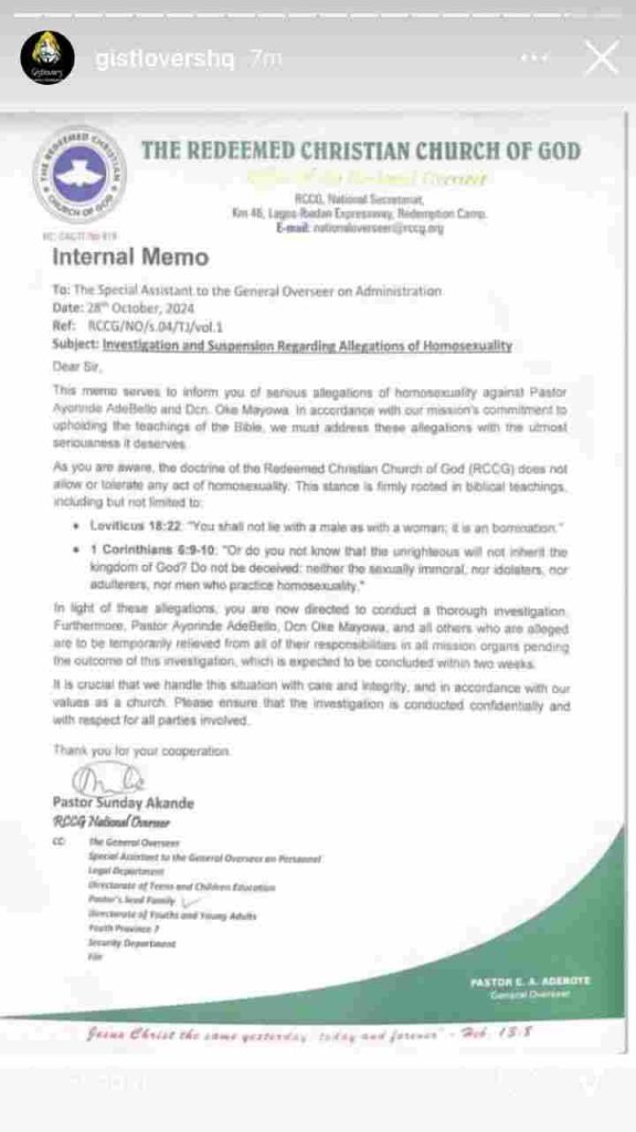 screenshot of internal memo of RCCG suspending pastors over homosexuality allegations