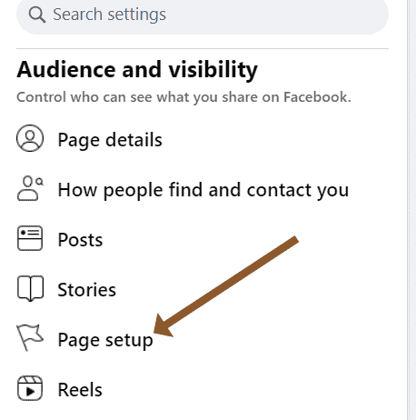 screenshot of facebook page showing page setup