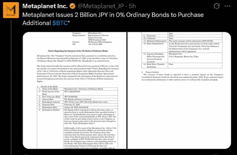 screenshot from Metaplanet Inc X page about its BTC Bond February 2025