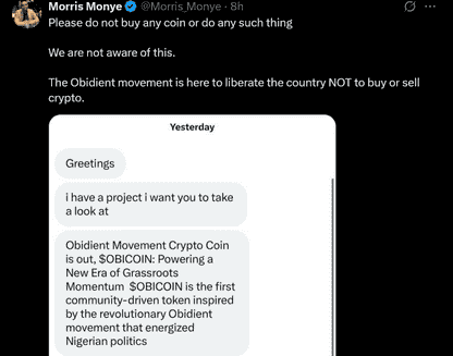 a screenshot from Morris Monye disowning Obidient Movement Memecoin