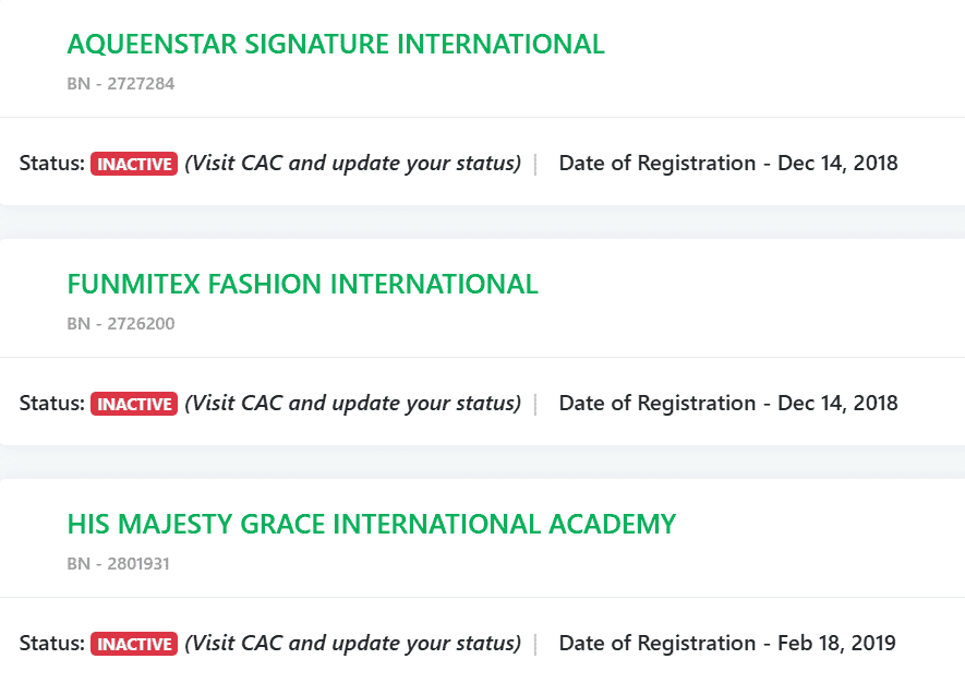 example of company business whose annual filing returns is not up to date inactive