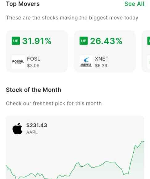 a screenshot of how to monitor stocks performance on Bamboo app