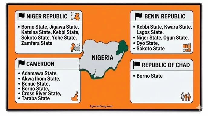 This image shows states in Nigeria that share land borders with foreign countries