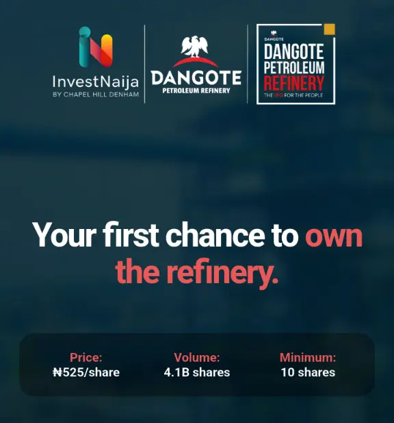 A screenshot showing dangote refinery IPO campaign on the app of InvestNaija