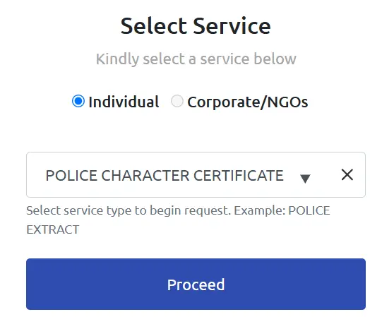screenshot shows the application portal forn police clearance certificate in Nigeria