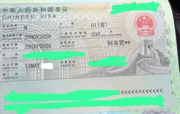 photo shows a sample of Chinese Business Visa