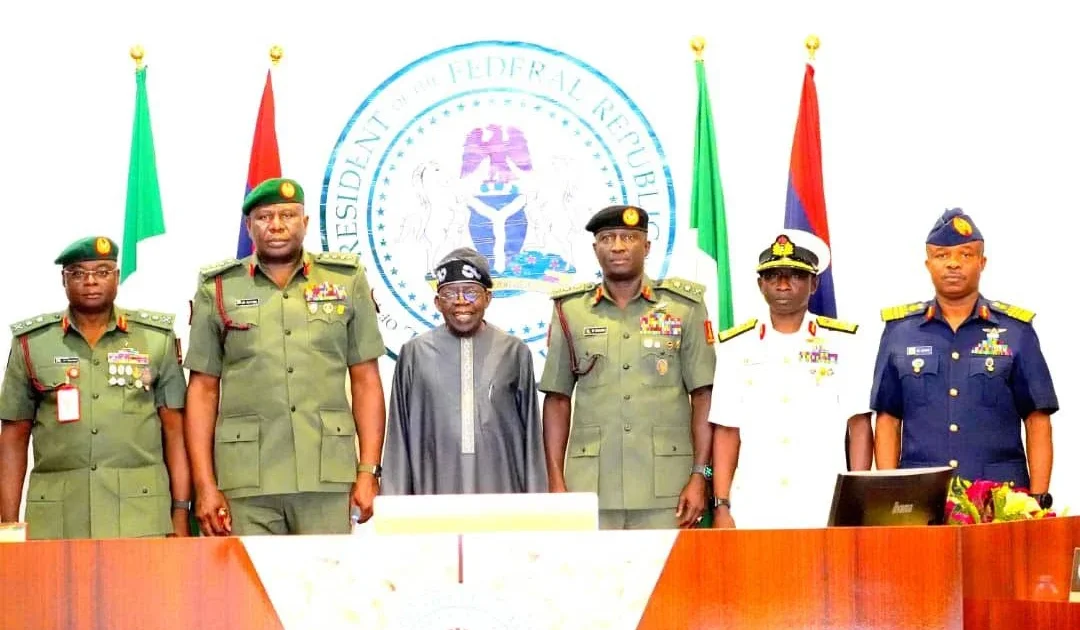 Photo shows Tinubu with senior members of Nigeria Armed Forces during a security meeting in Abuja